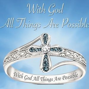 Faith Based "With God All Things Are Possible" Ring Blue Zircon Cross - Size 8